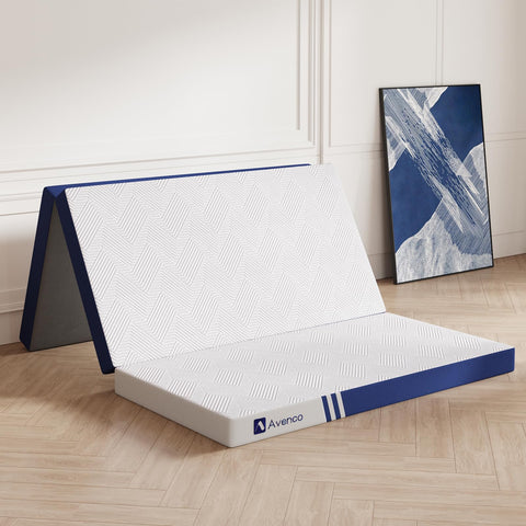 Avenco front view of queen tri-fold mattress showing neat portable design and comfort