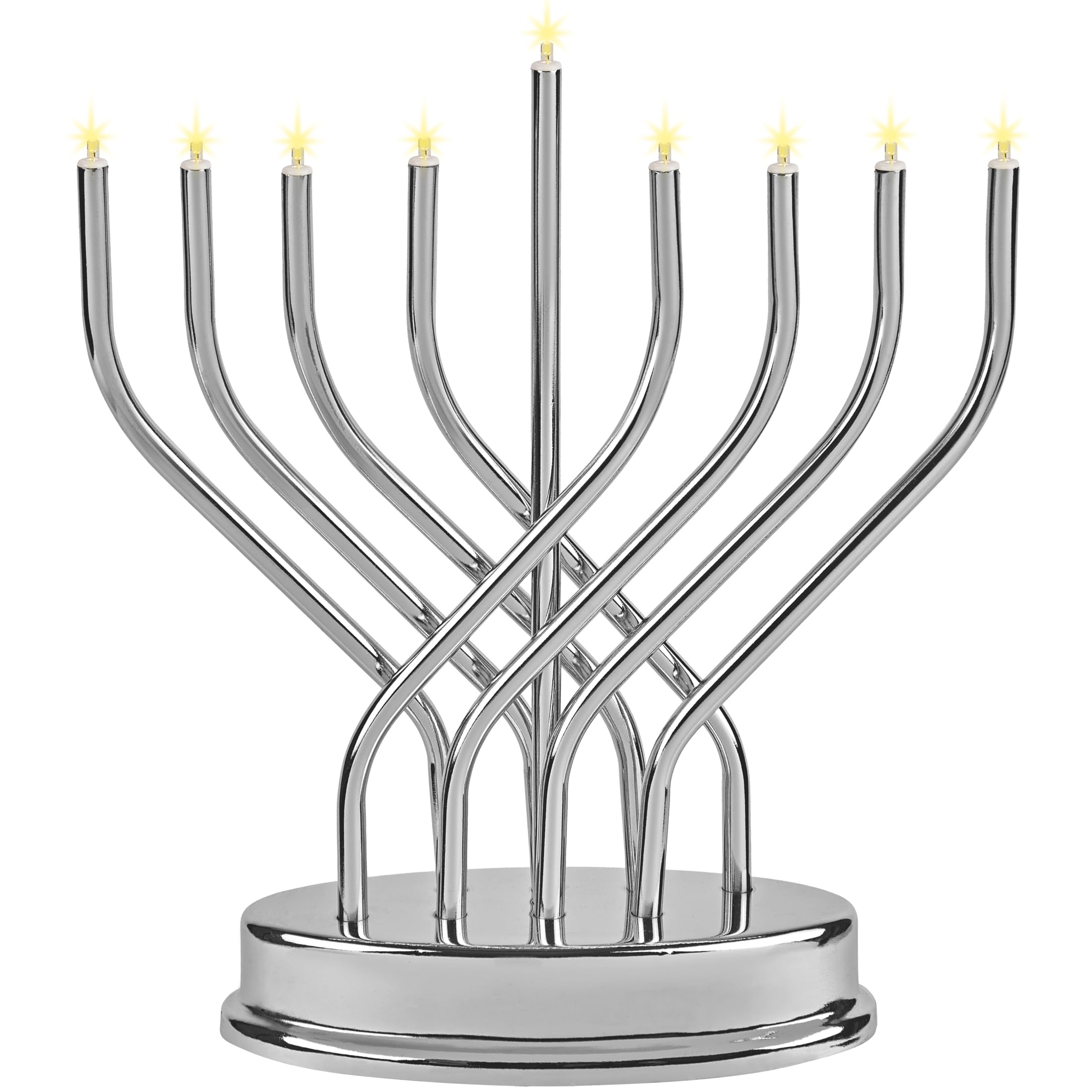 Aviv Judaica chrome menorah front view showing elegant silhouette and modern style