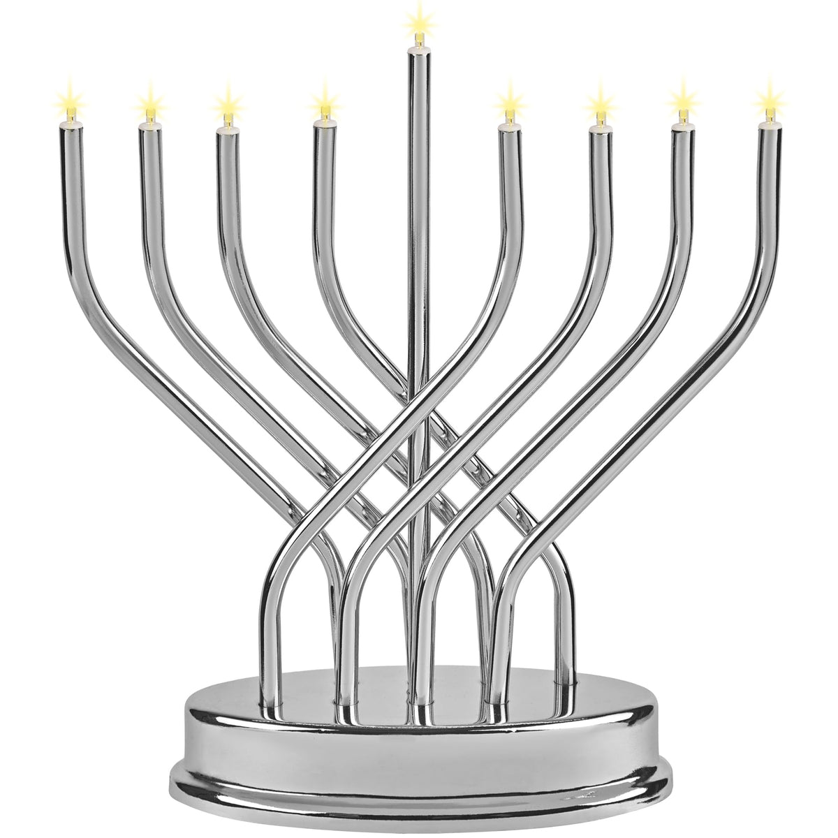 Aviv Judaica chrome menorah front view showing elegant silhouette and modern style