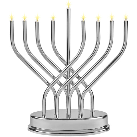 Aviv Judaica chrome menorah front view showing elegant silhouette and modern style