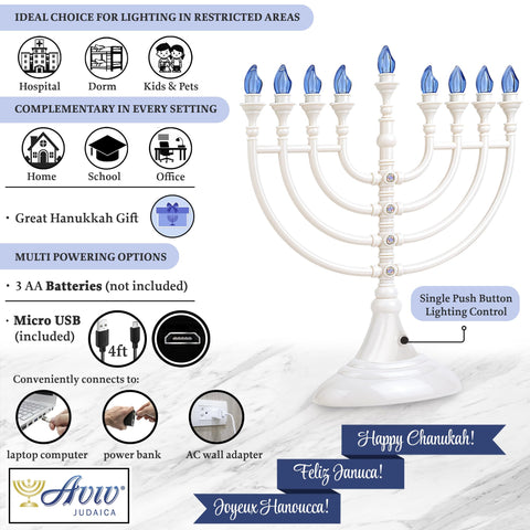 Aviv Judaica close-up of flame-shaped LED bulbs highlighting permanent, maintenance-free lights