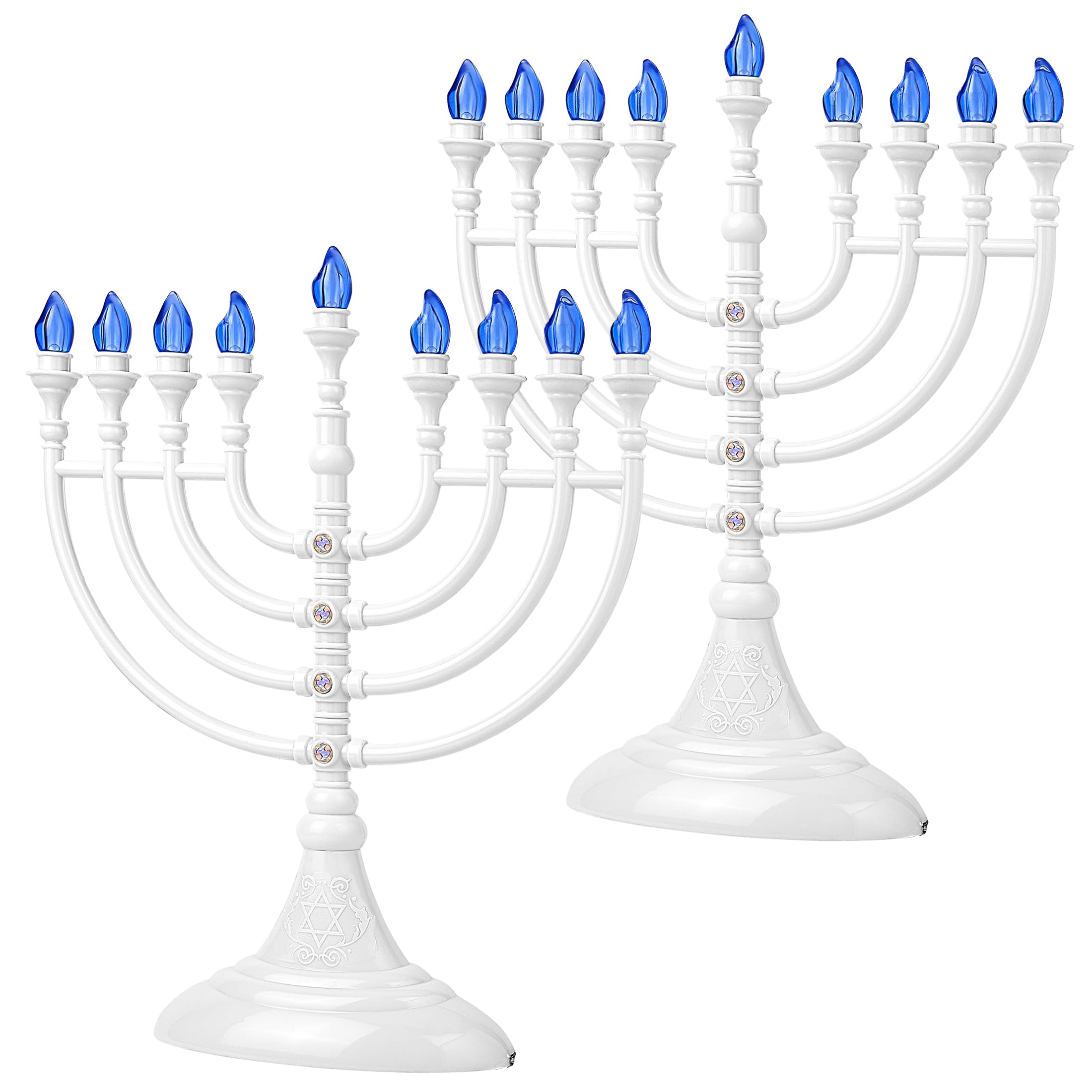 Aviv Judaica front view menorah showing elegant white body and nine LEDs for safe celebration