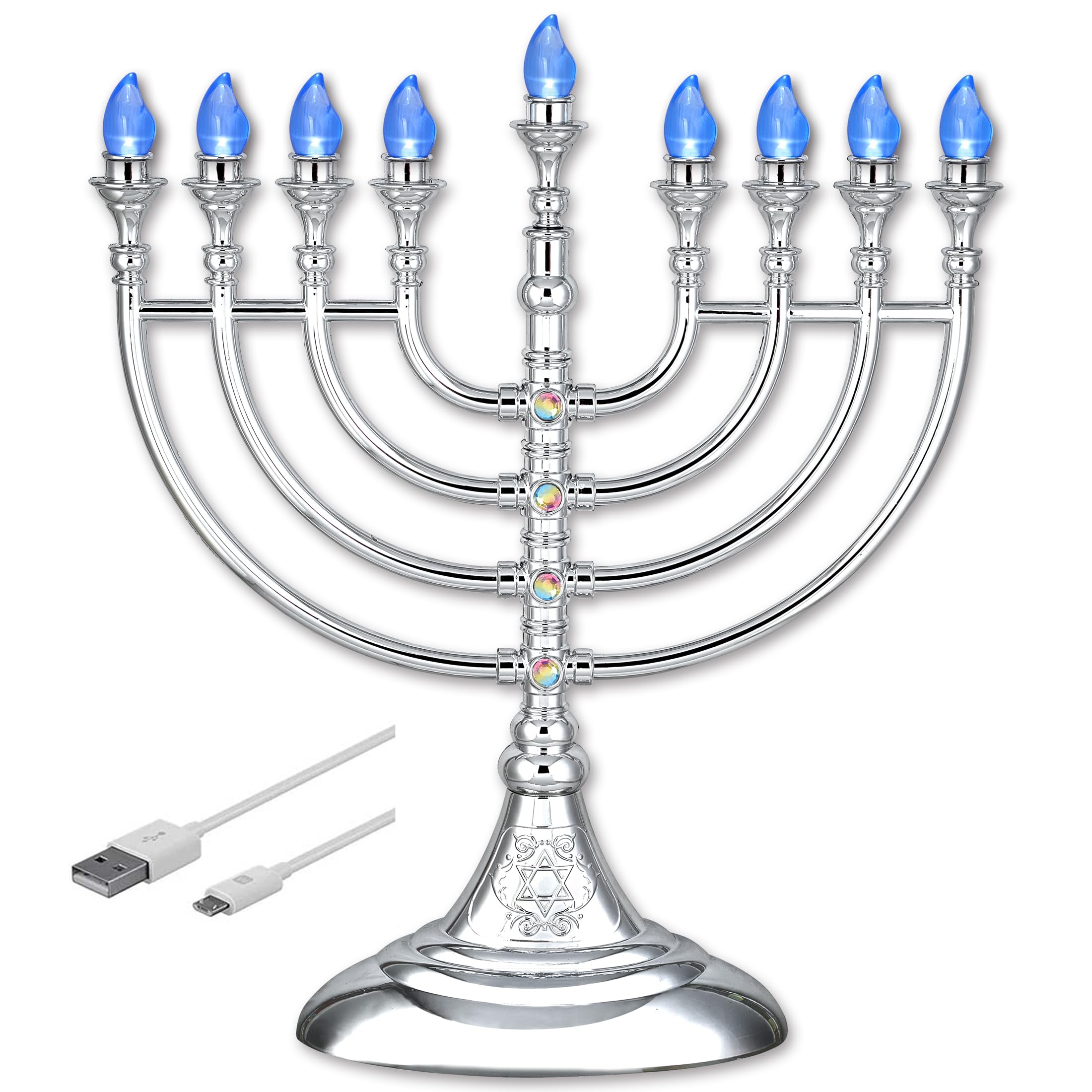 Aviv Judaica front view metallic silver menorah showcasing traditional design and safe lighting