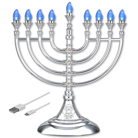 Aviv Judaica front view metallic silver menorah showcasing traditional design and safe lighting