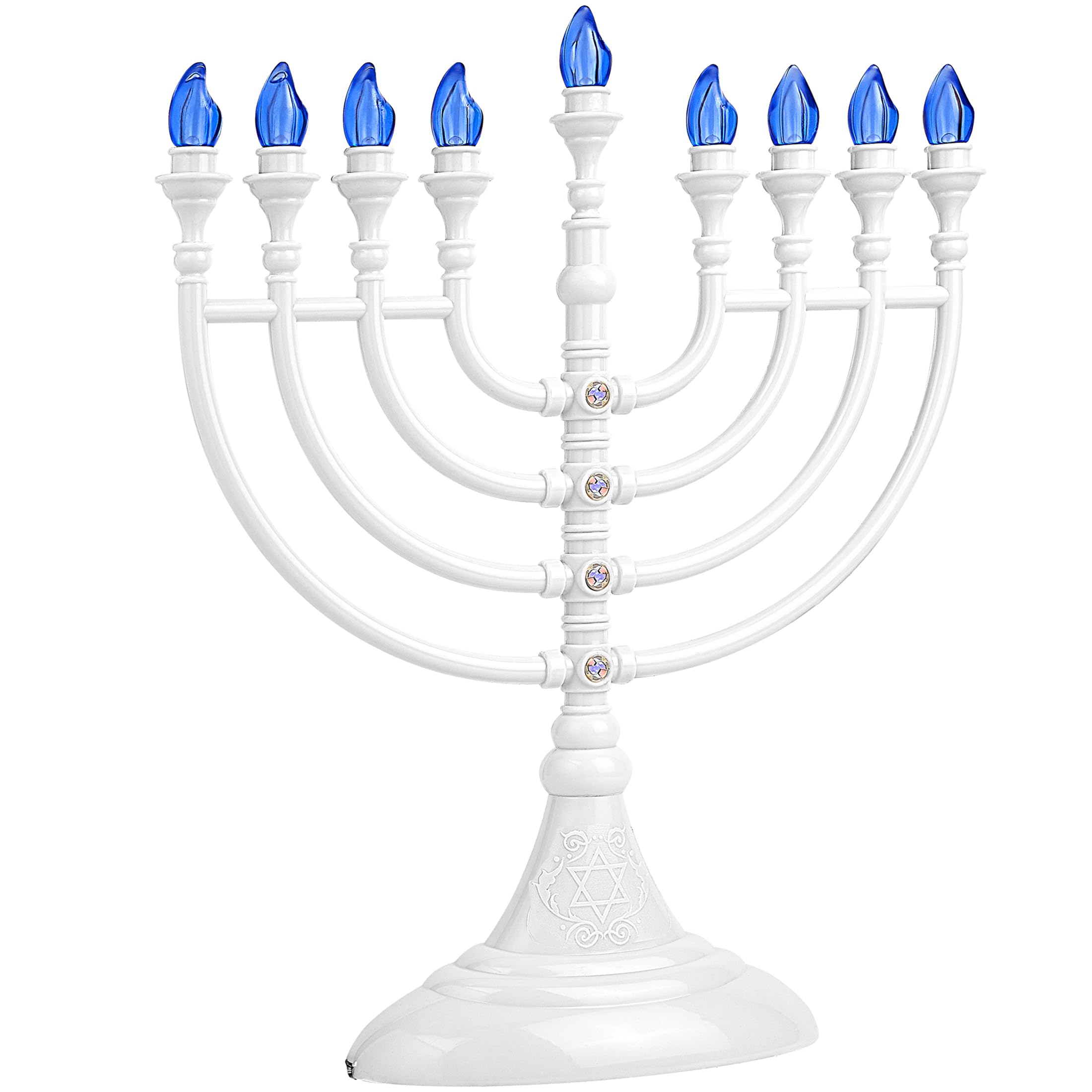 Aviv Judaica menorah on a dining table showing safe, decorative Hanukkah lighting for gatherings