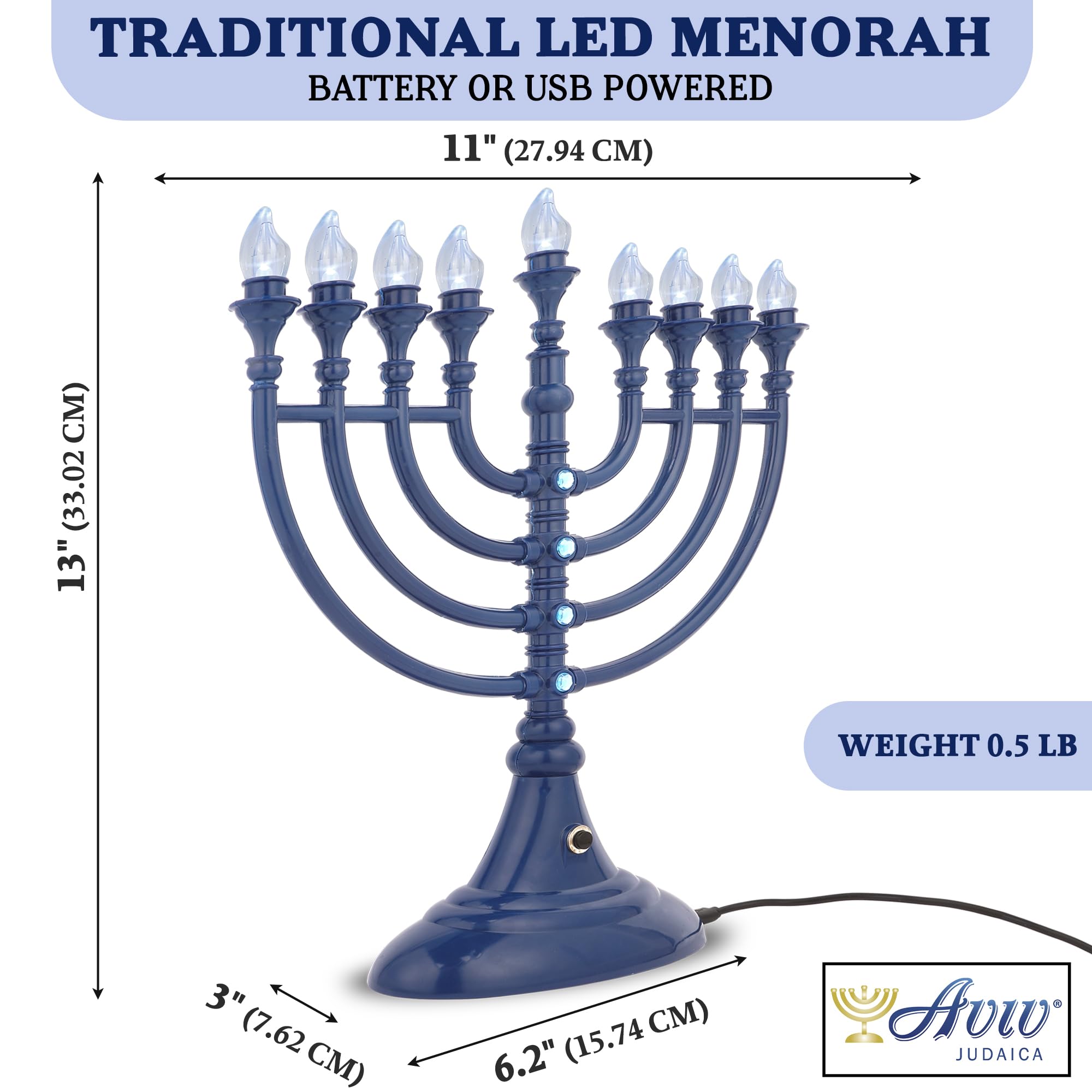 Aviv Judaica close-up of molded LED flame bulbs highlighting realistic look and maintenance-free LEDs