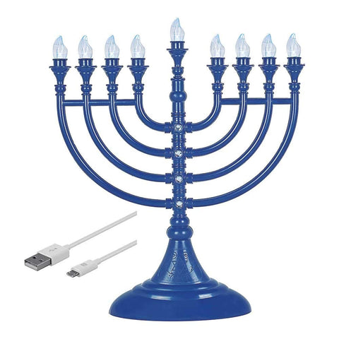 Aviv Judaica menorah front view showing blue chanukiah and lit LED flames for safe holiday display