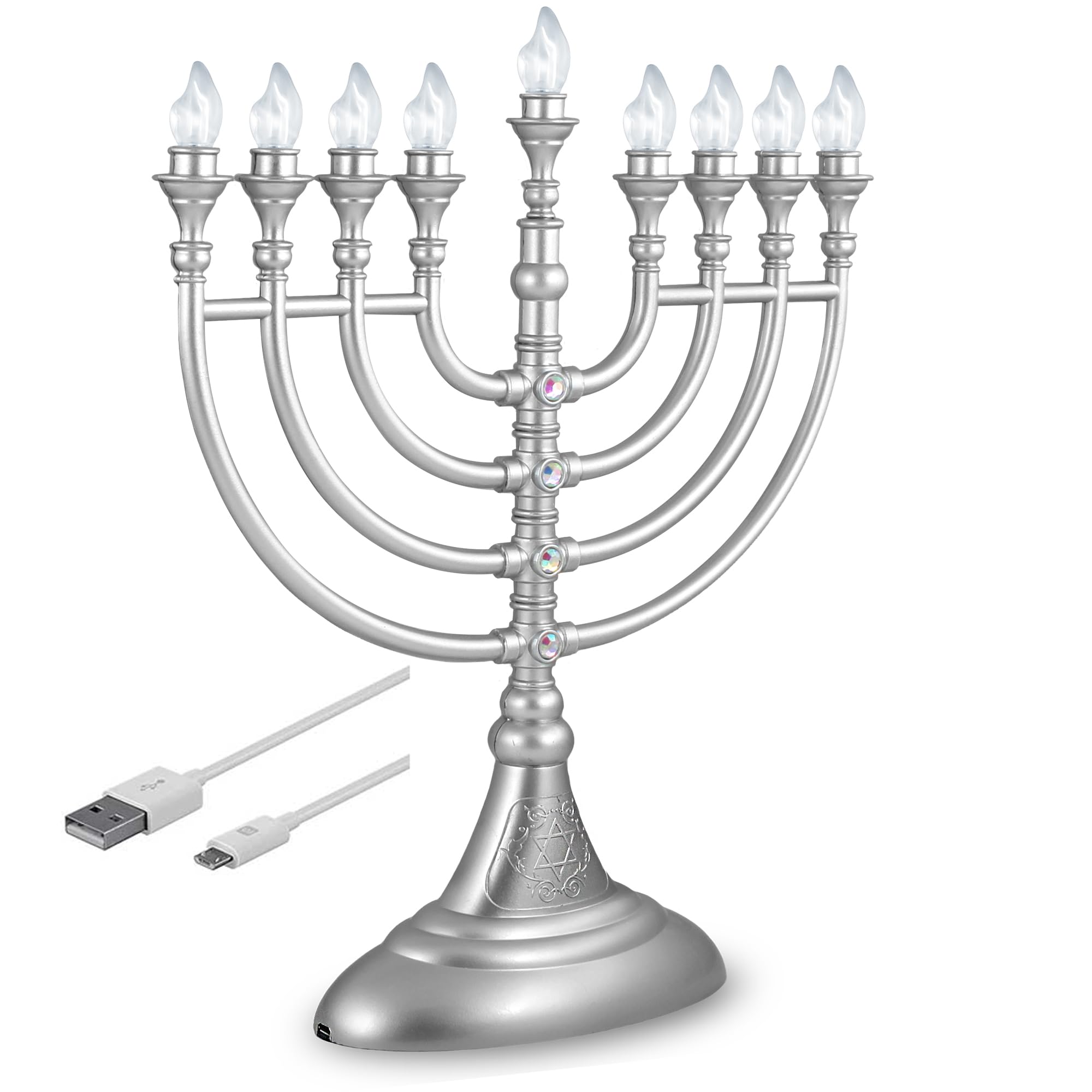 Aviv Judaica menorah front view showing full matte silver chanukiah and even lighting benefit