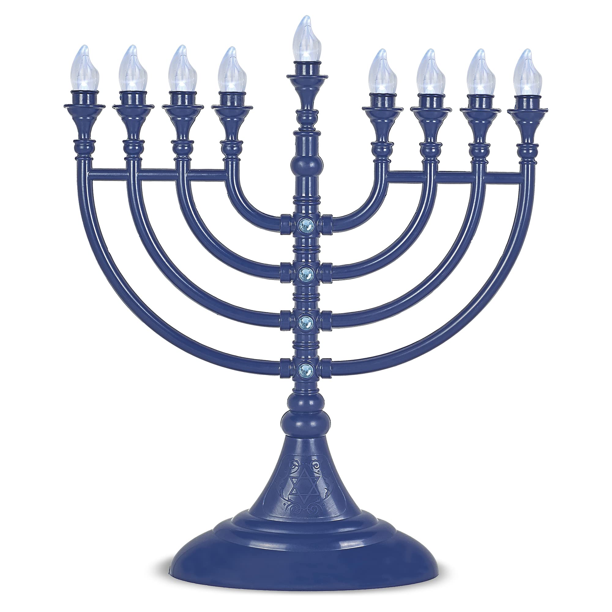 Aviv Judaica menorah in dining room setting demonstrating flameless safety and decorative ambiance