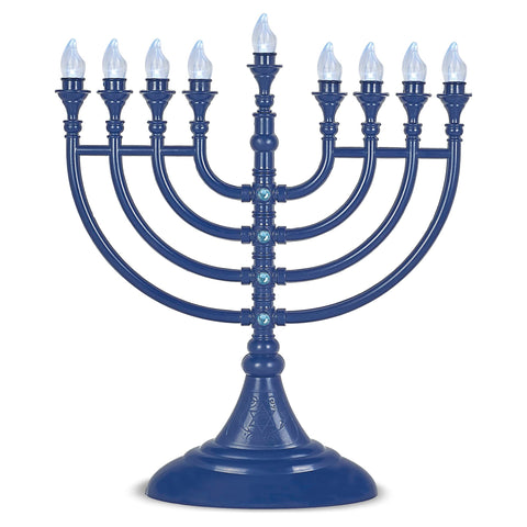 Aviv Judaica menorah in dining room setting demonstrating flameless safety and decorative ambiance