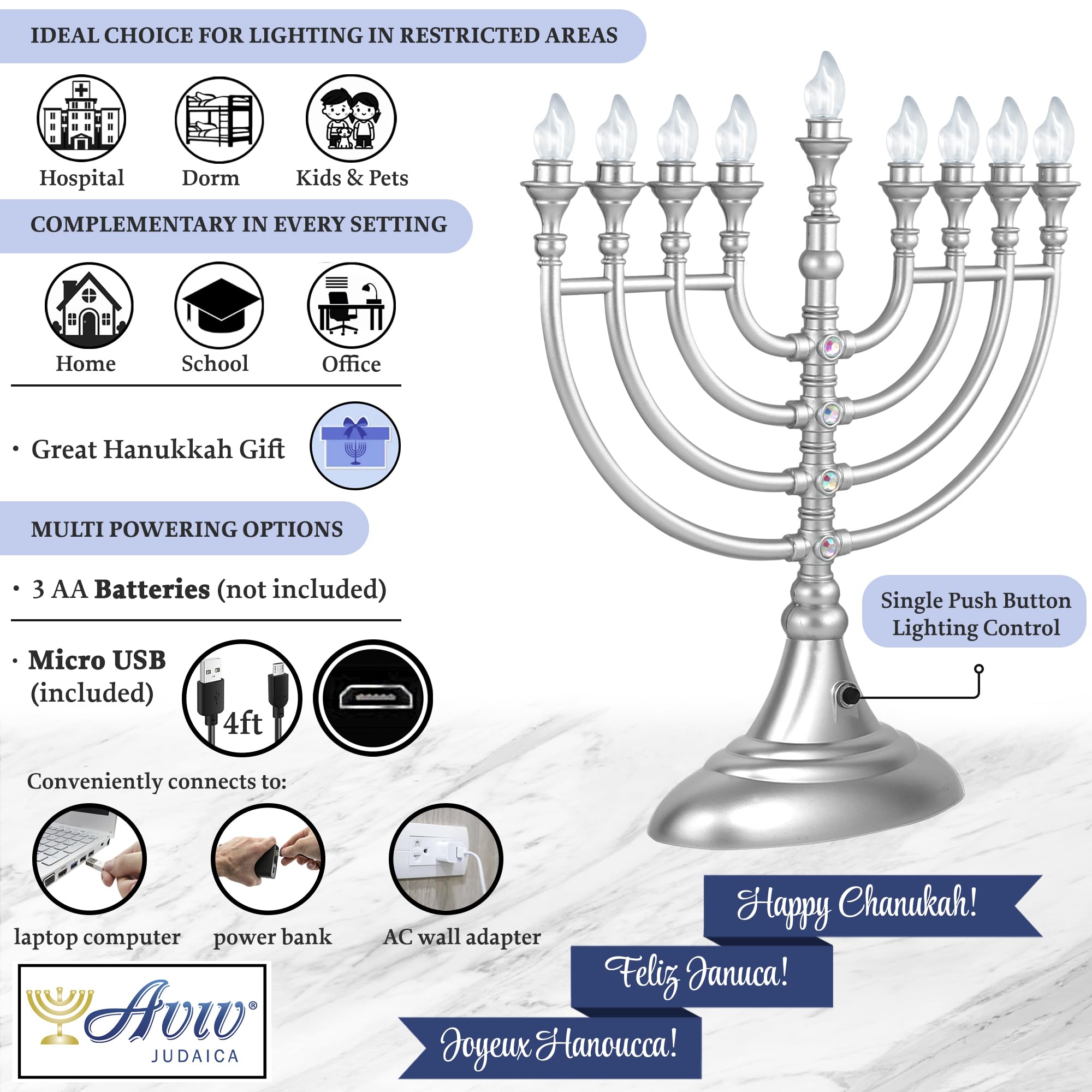 Aviv Judaica menorah on mantel showing size and placement convenience benefit