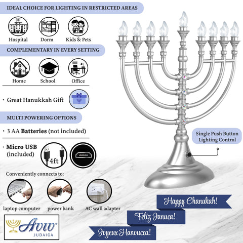 Aviv Judaica menorah on mantel showing size and placement convenience benefit