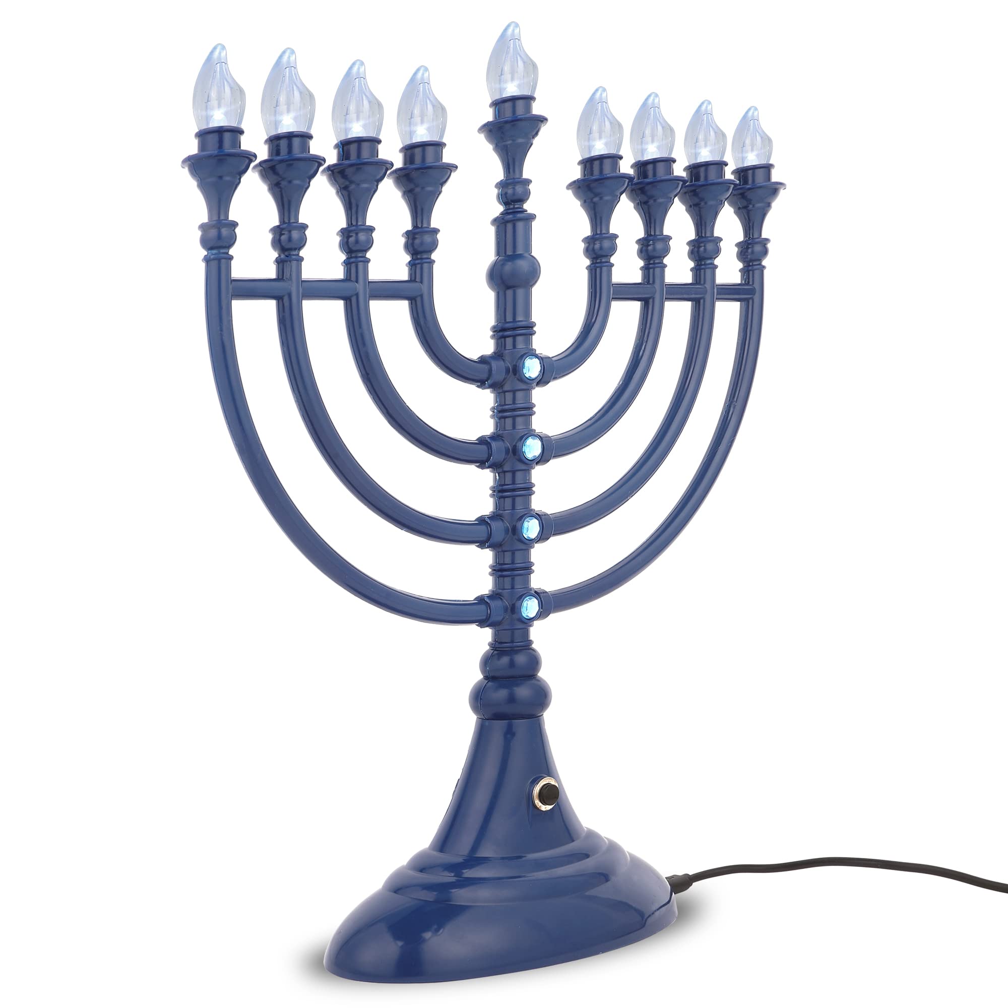 Aviv Judaica menorah on table beside ruler showing full-size dimensions and compact stability