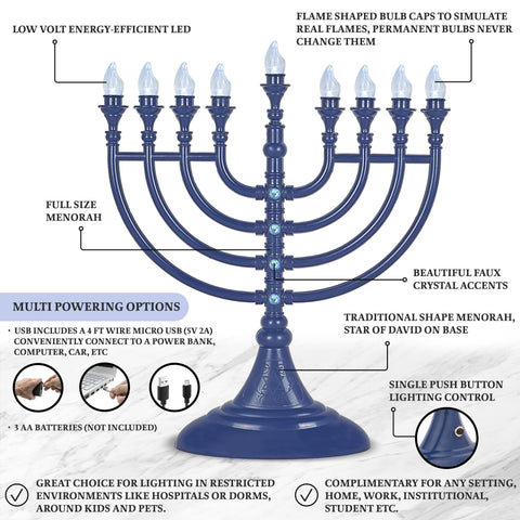 Aviv Judaica micro USB cable plugged into menorah illustrating portable power and plug-and-play convenience