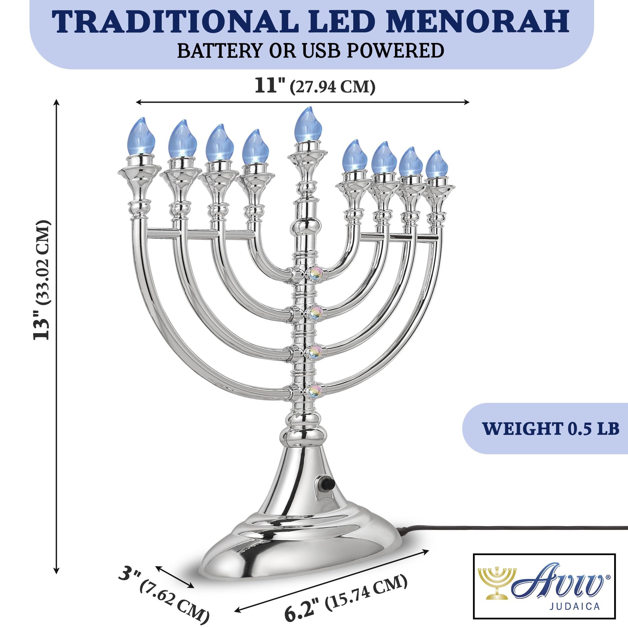 Aviv Judaica side profile highlighting sturdy base and compact, stable construction