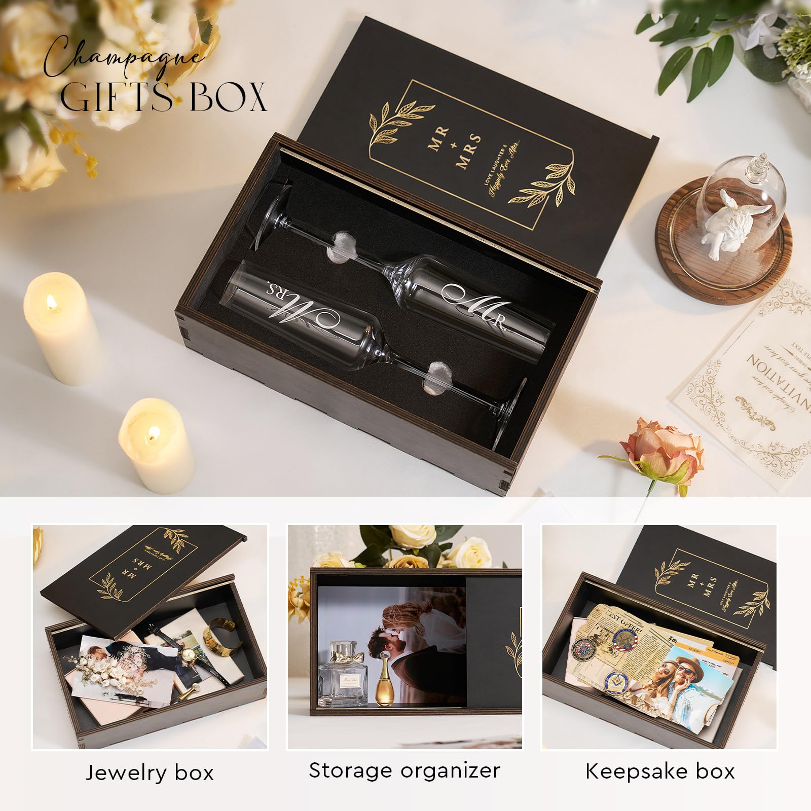 AW open wooden box with flutes inside ready to gift for weddings and engagements