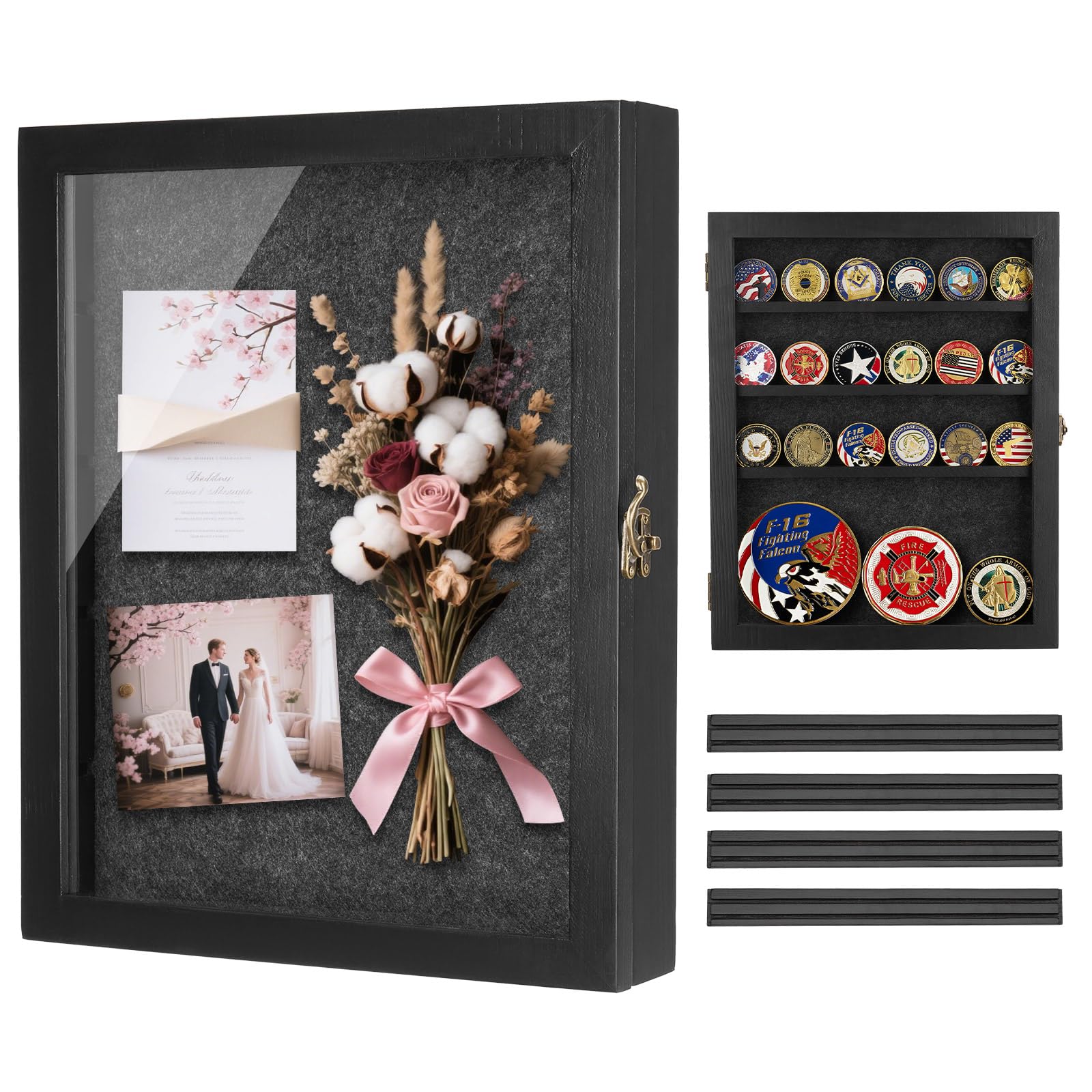 AW BRIDAL front view of black shadow box showcasing framed keepsakes and clear acrylic