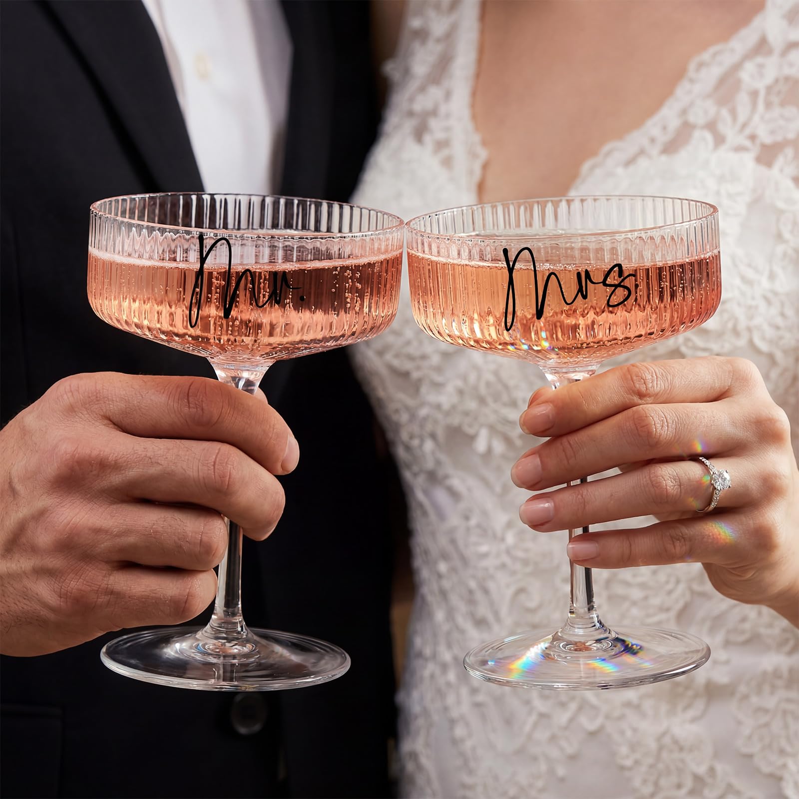 AW BRIDAL "Mrs" script detail on glass, personalized celebration benefit