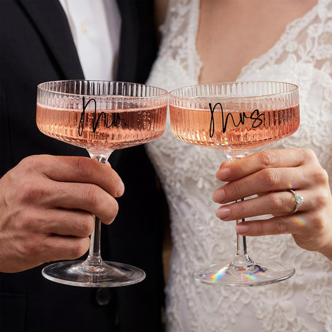 AW BRIDAL "Mrs" script detail on glass, personalized celebration benefit
