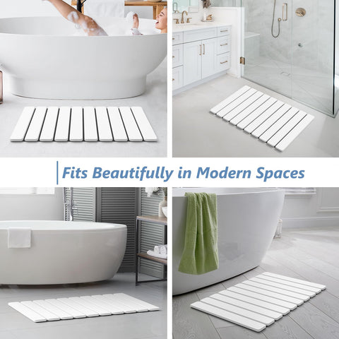 AWW mat placed in bathroom scene highlighting tidy, dry-floor benefit