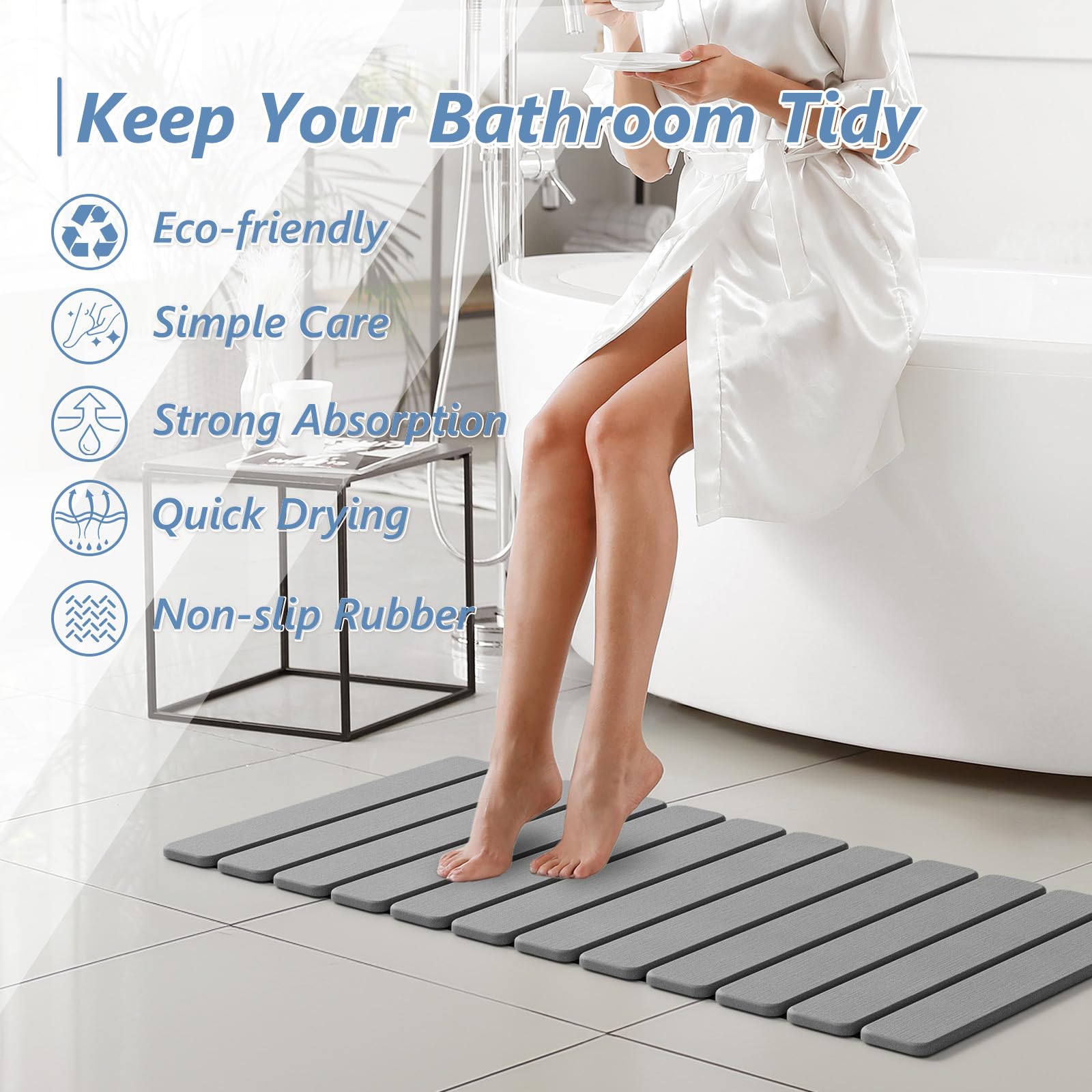 AWW mat in a modern bathroom setting, portrays tidy, quick-dry convenience