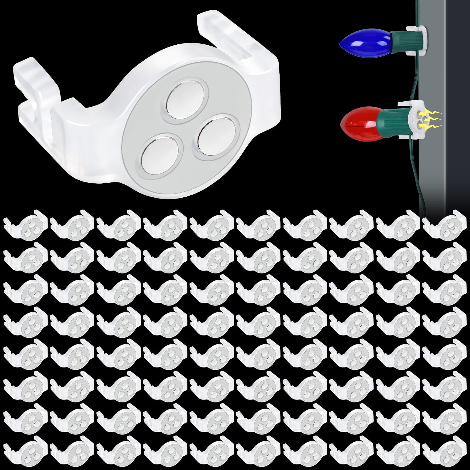 Axcoix front packaging showing 100 magnetic Christmas light clips and contents benefit clear supply