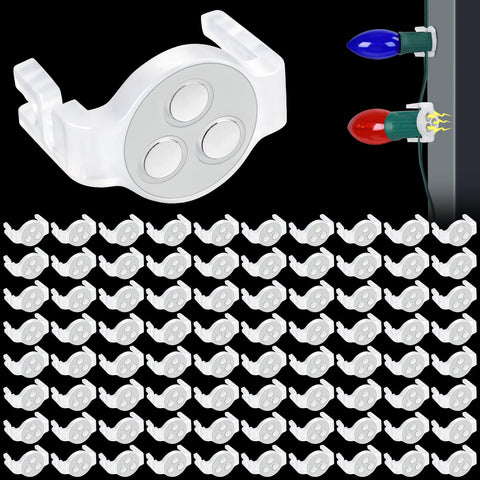 Axcoix front packaging showing 100 magnetic Christmas light clips and contents benefit clear supply