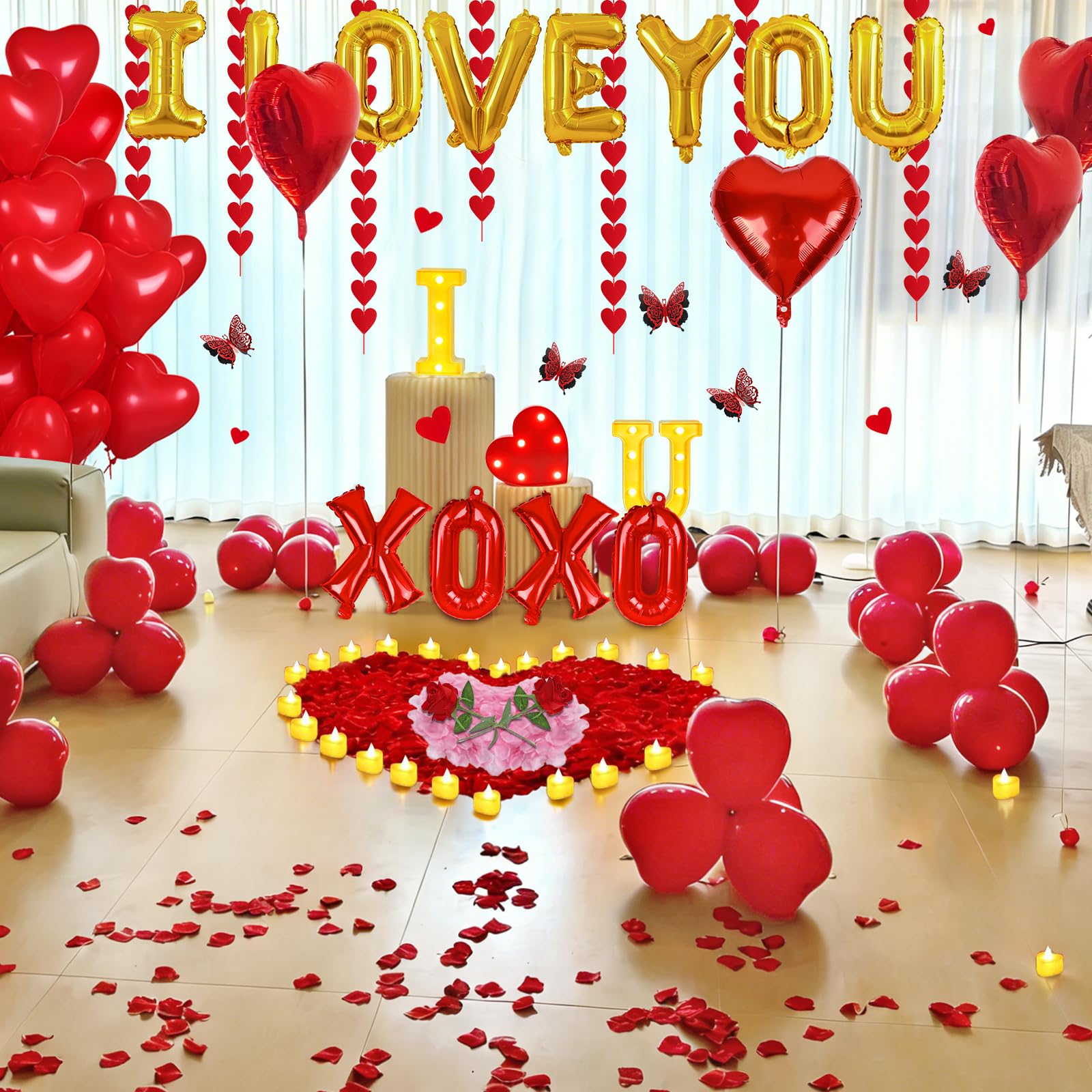 Axcoix heart wall stickers with XOXO and gold balloons creating photo-ready backdrop