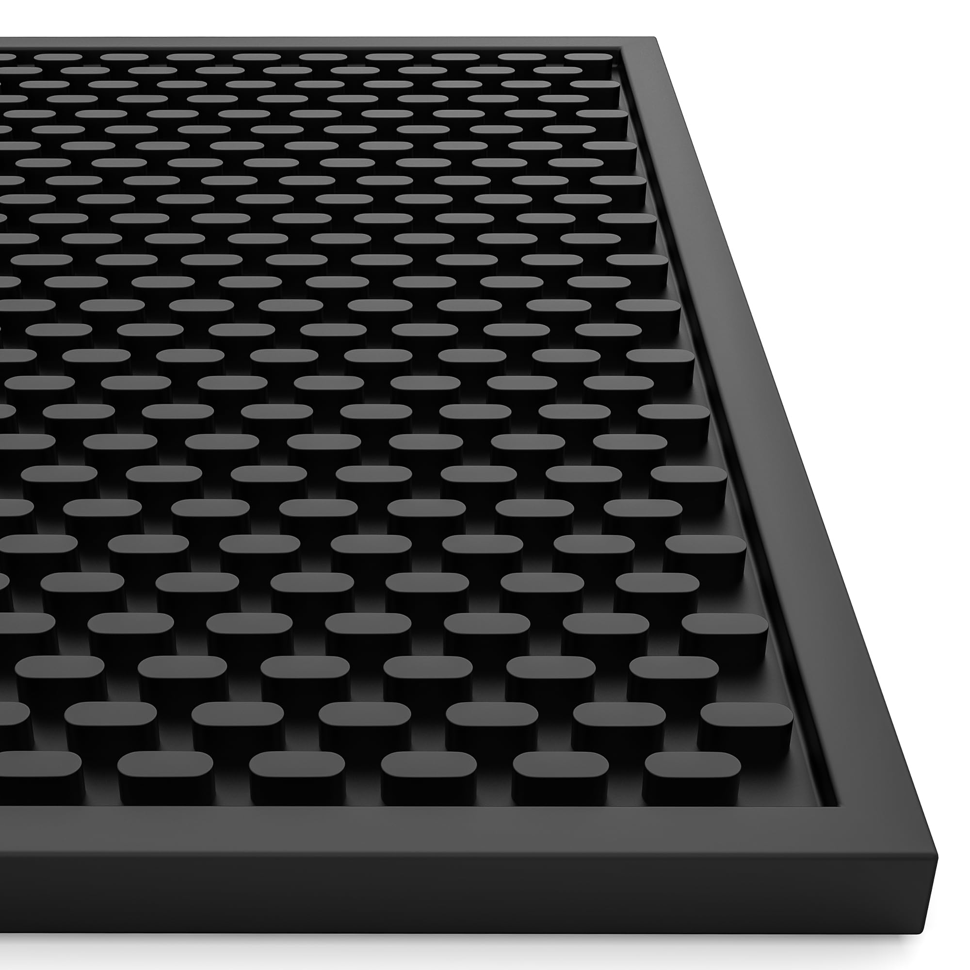 AXIESO bar mat front view showing full 18x12 coverage and tidy countertop
