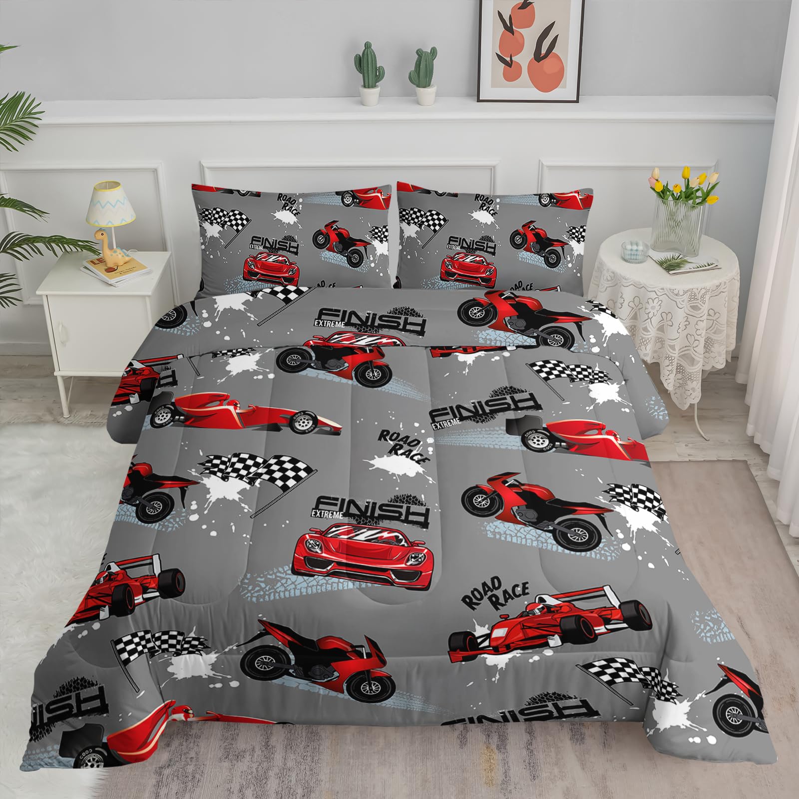 Axolotl comforter front view with bright race-car print for playful bedding