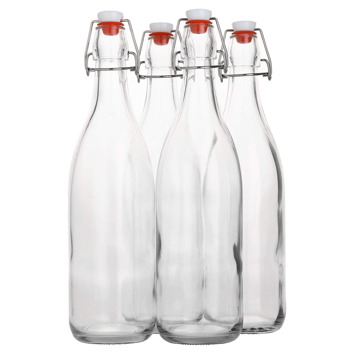 AYL front view of four clear 1L flip top bottles showing capacity and set