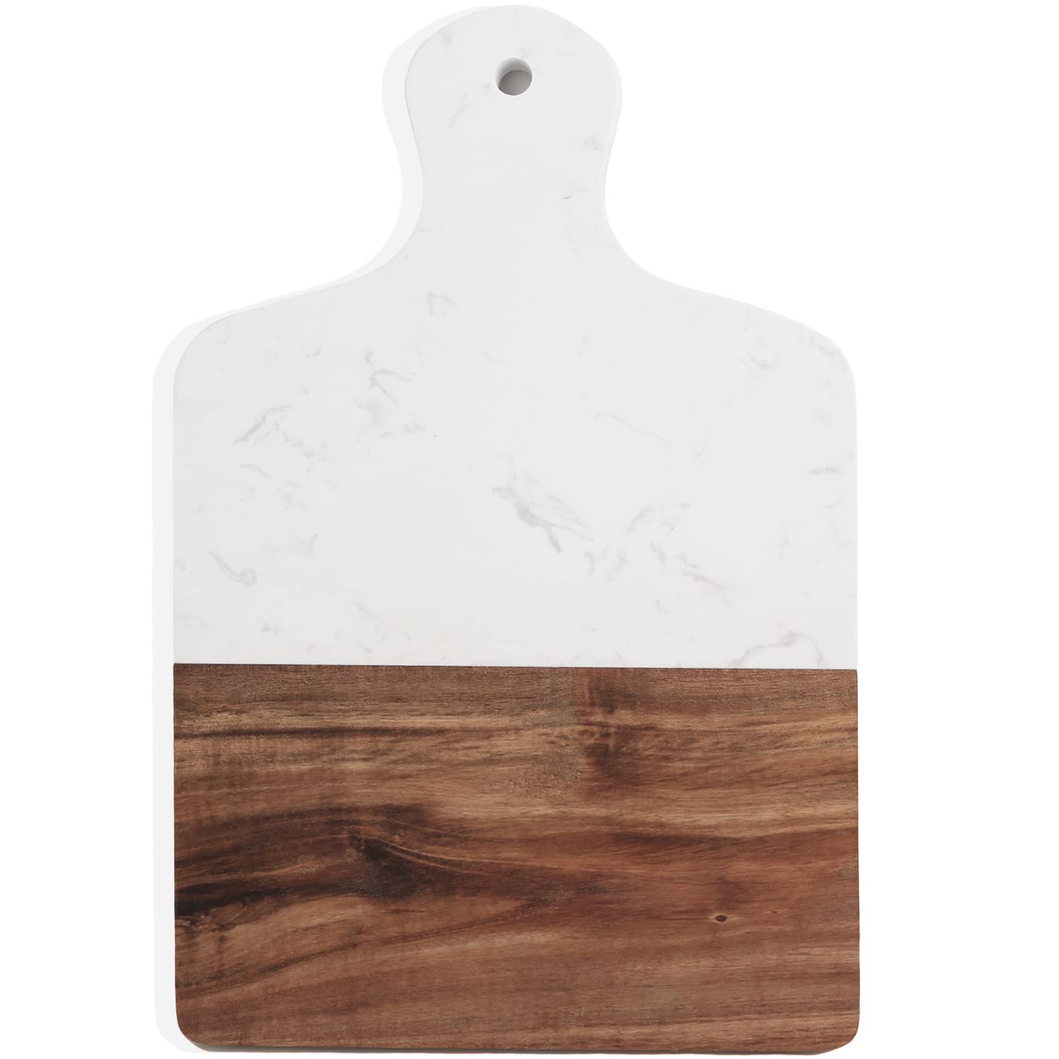 Azauvc front view of marble and acacia board, elegant serving appeal