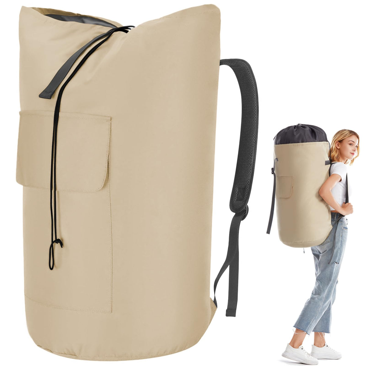 Ãzhido backpack front view showing roomy khaki exterior and secure pocket