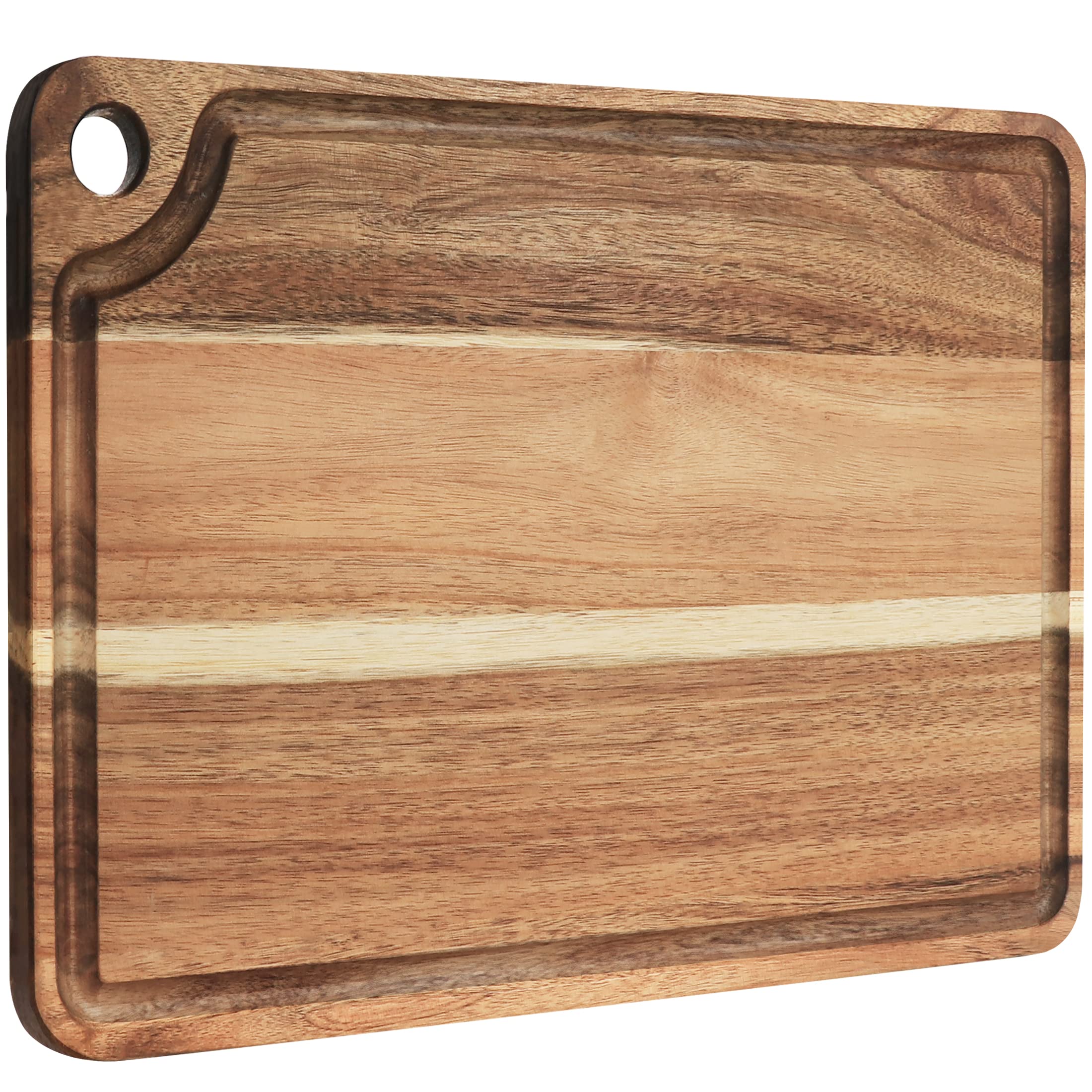 AZRHOM acacia cutting board front view shows roomy surface and polished finish