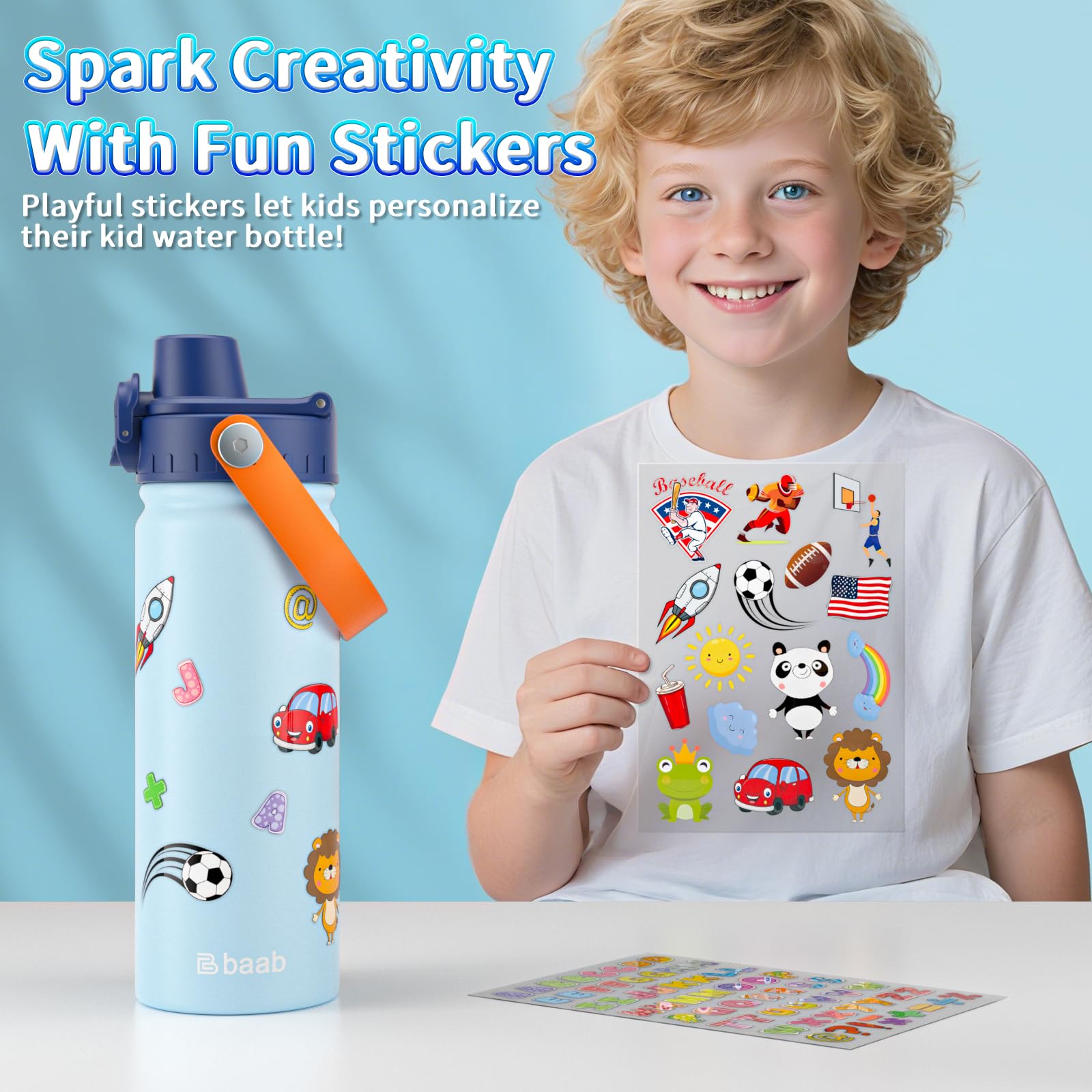 baab sheet of playful stickers beside bottle showing personalization increases ownership benefit