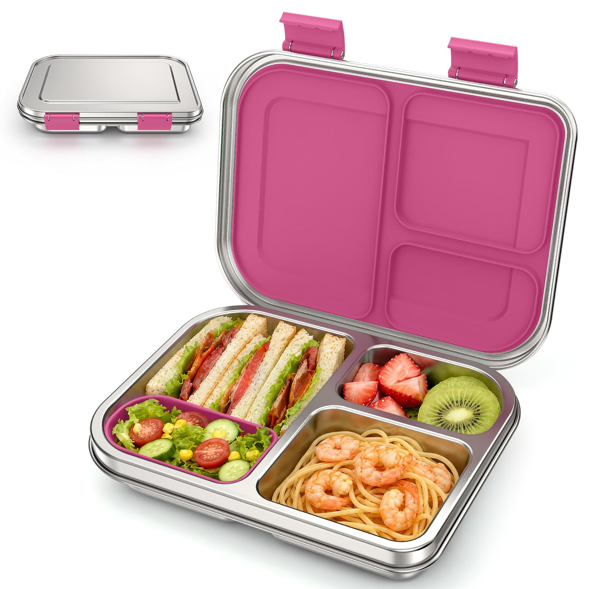 BABHAMNESS front view showing pink stainless steel lunch box and secure lid benefit