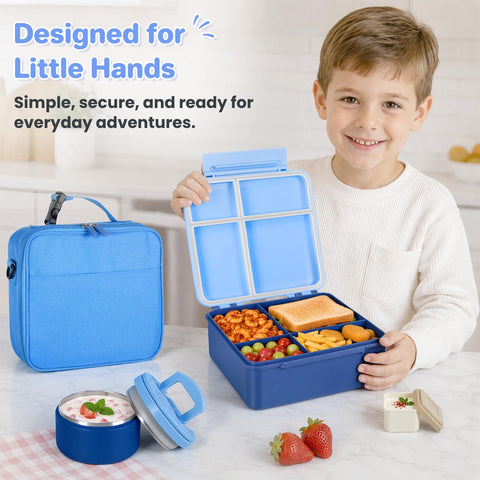 BABHAMNESS bento next to a backpack demonstrating size and school readiness