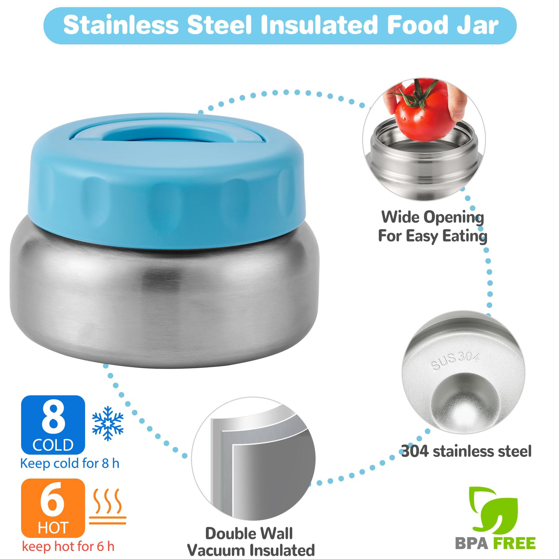 BABHAMNESS insulated 9.5 oz soup thermo close-up showing stainless steel interior benefit