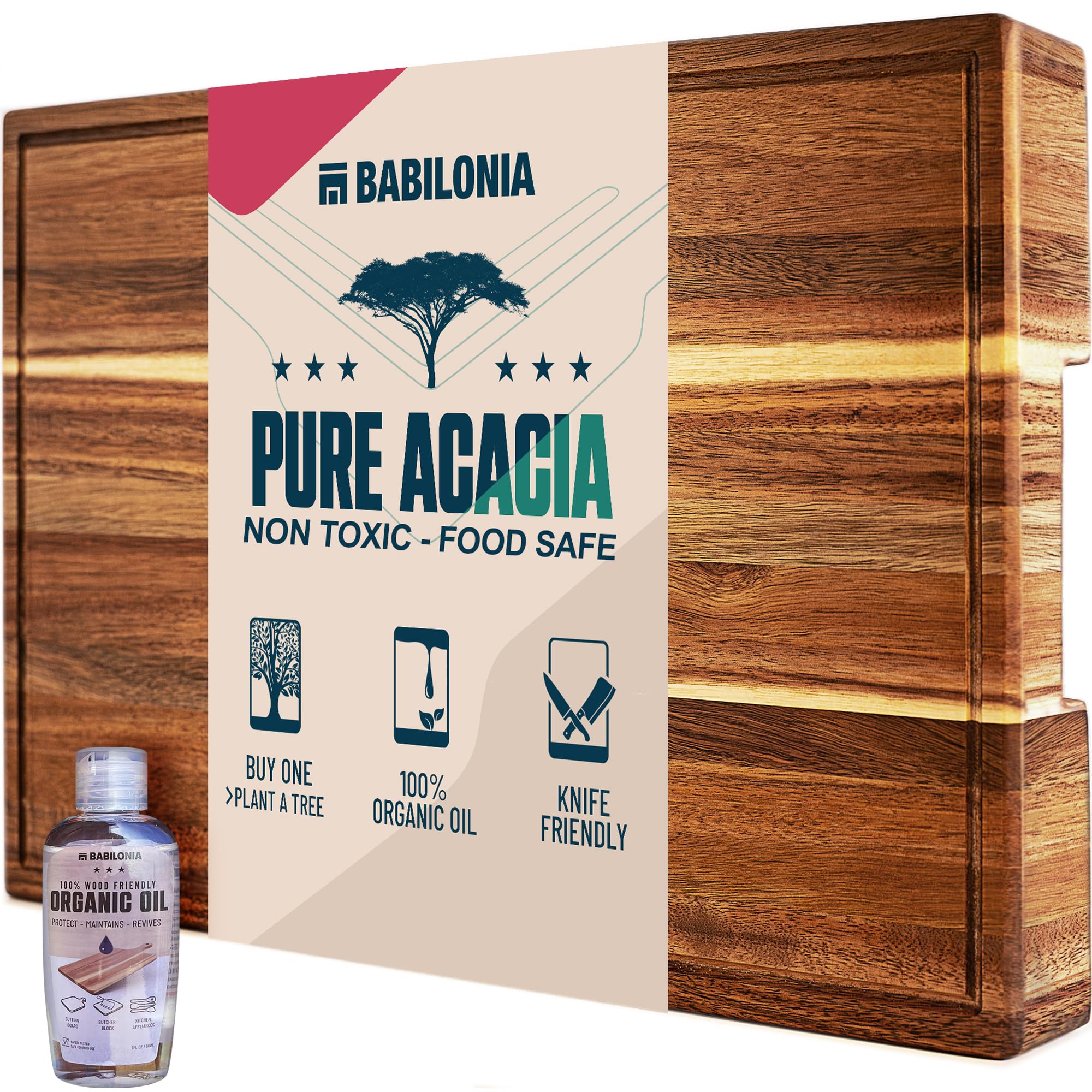 BABILONIA acacia cutting board front view showing durable surface and stable base