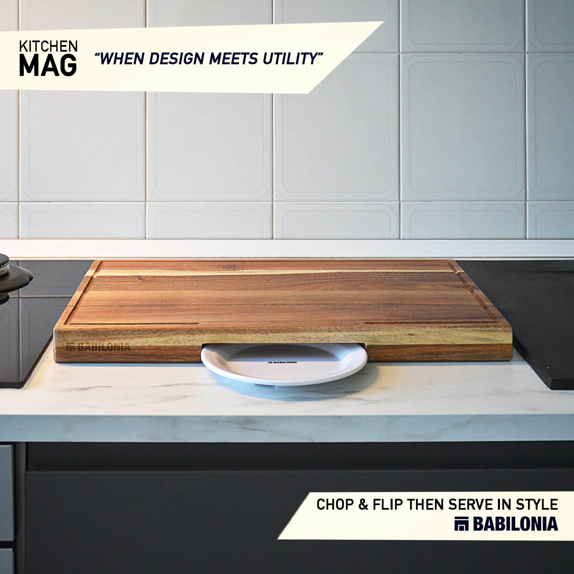 BABILONIA acacia edge-grain close-up highlighting knife-friendly texture and strength