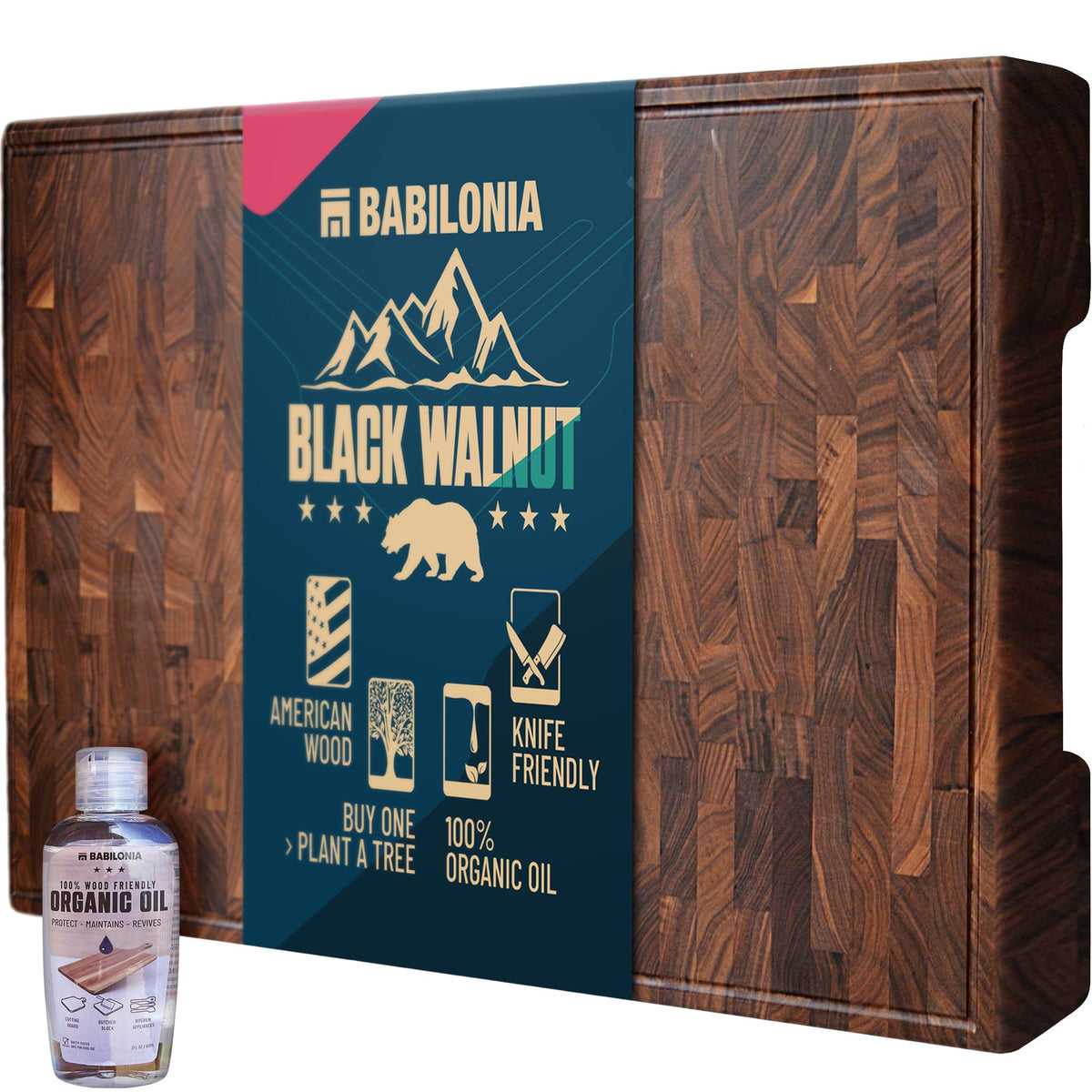 BABILONIA front view walnut board showing grain and sturdy thickness for durability