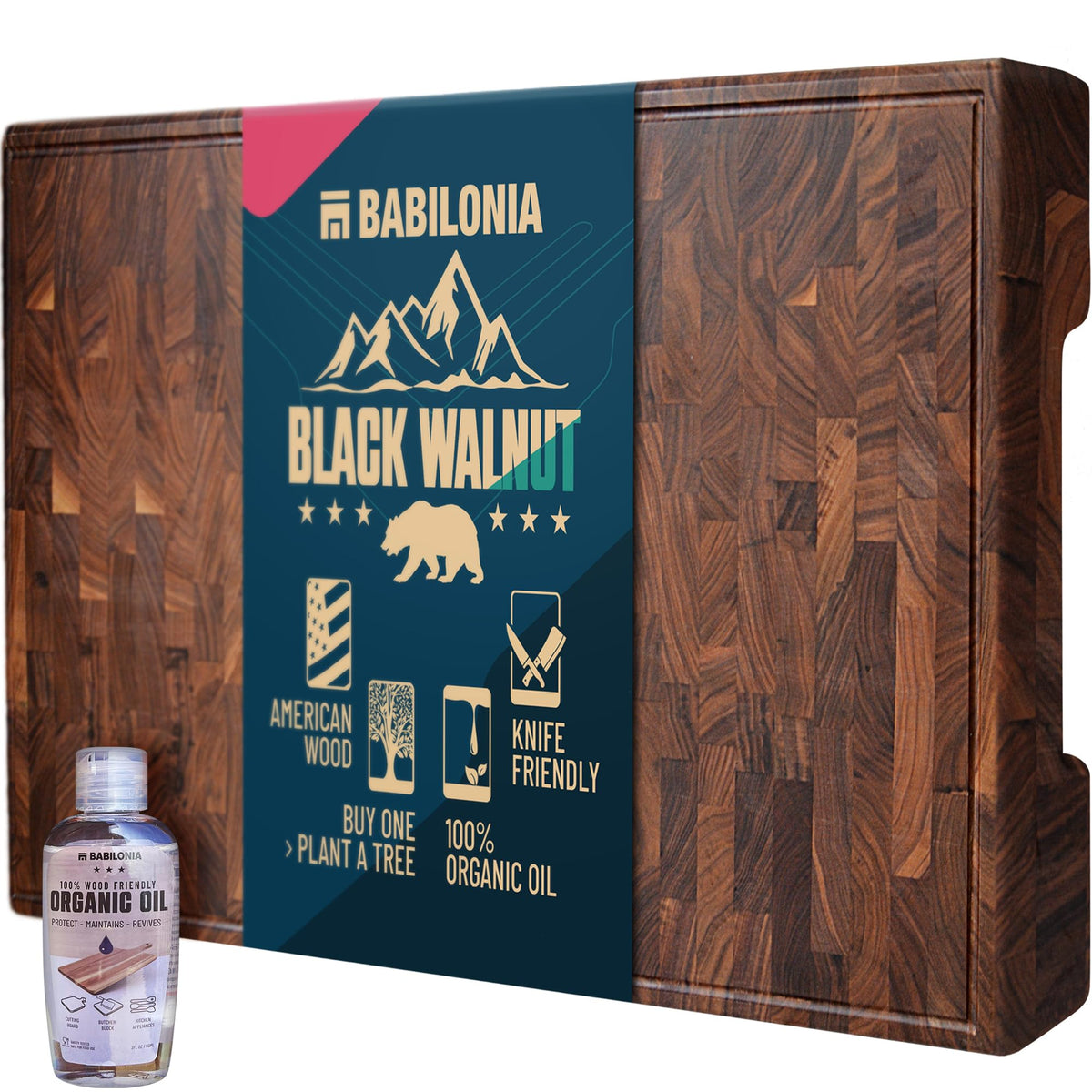 BABILONIA front view walnut cutting board showing durable thick profile and elegant grain