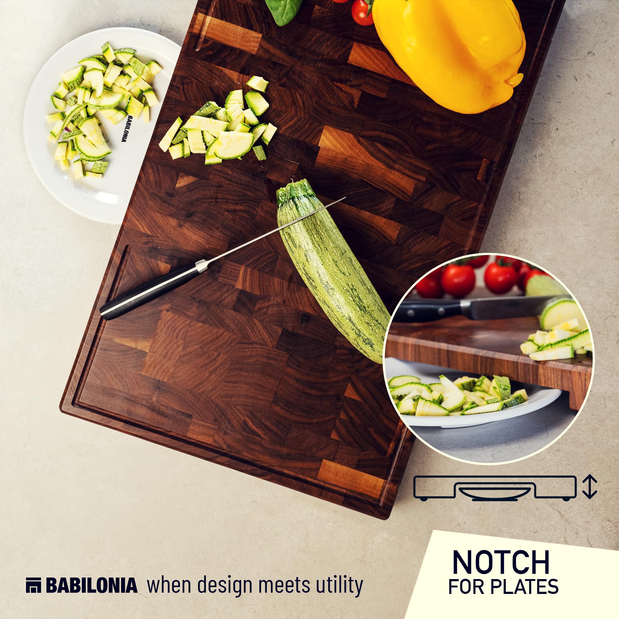 BABILONIA slide notch detail for easy transfer and spill-free ingredient sliding