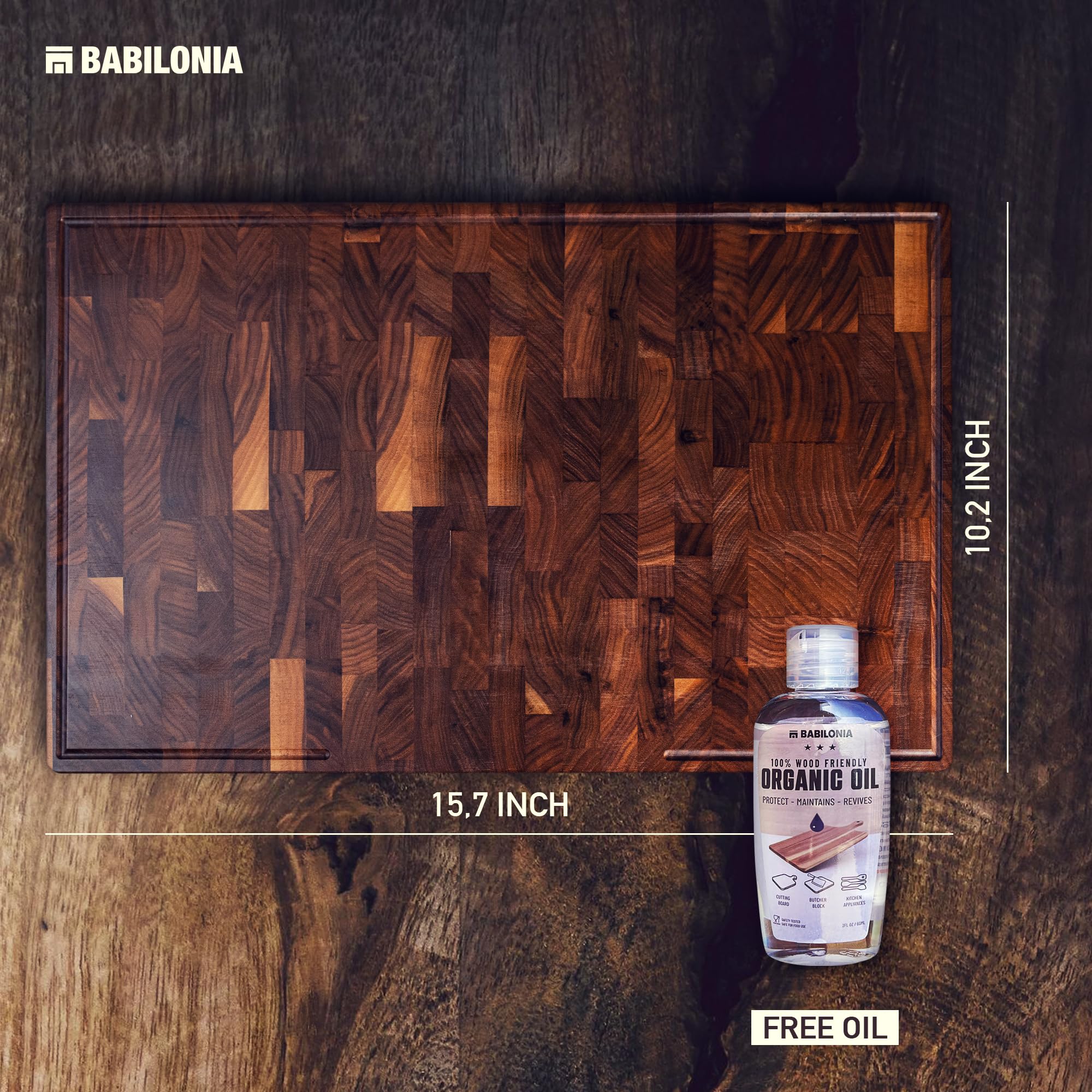 BABILONIA board beside a ruler showing 1.7 inch thickness for stability and scale