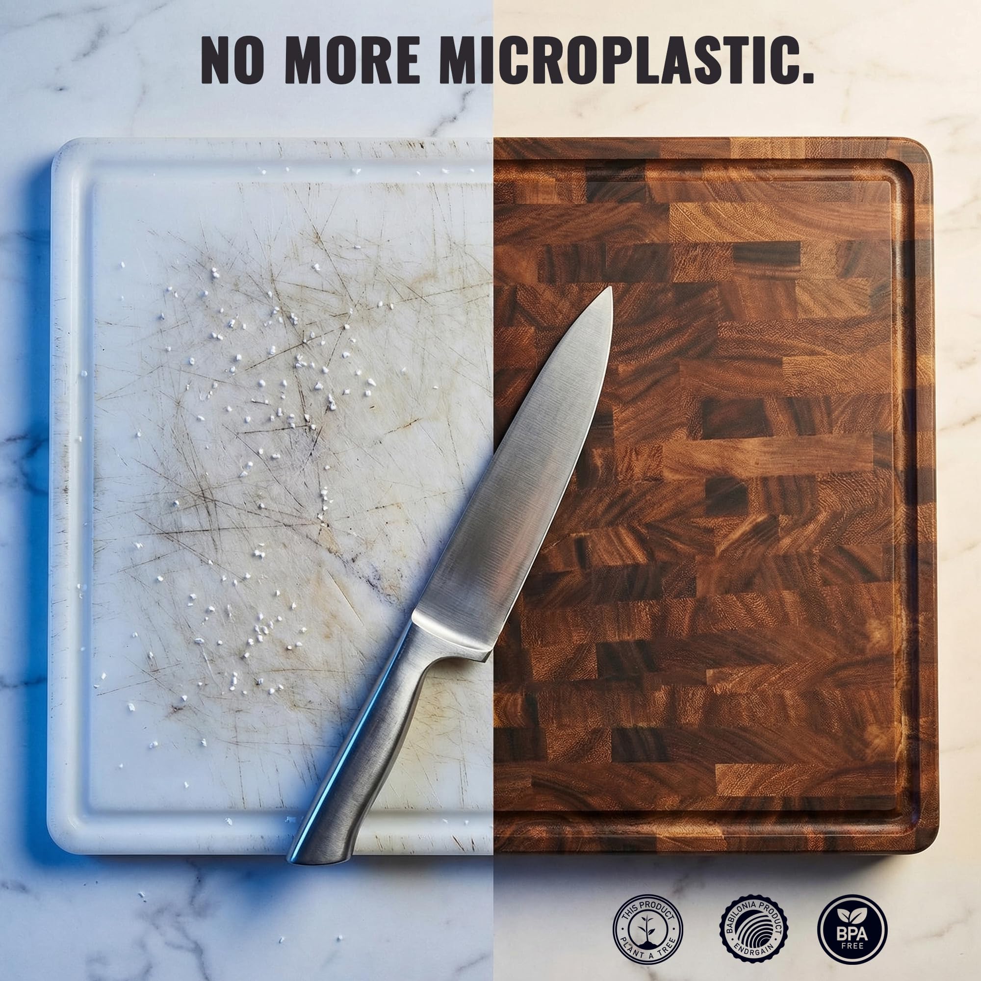 BABILONIA board with chef knife for scale demonstrating generous working area