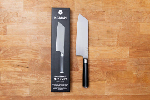 Babish Clef blade edge close-up showing polished cutting surface