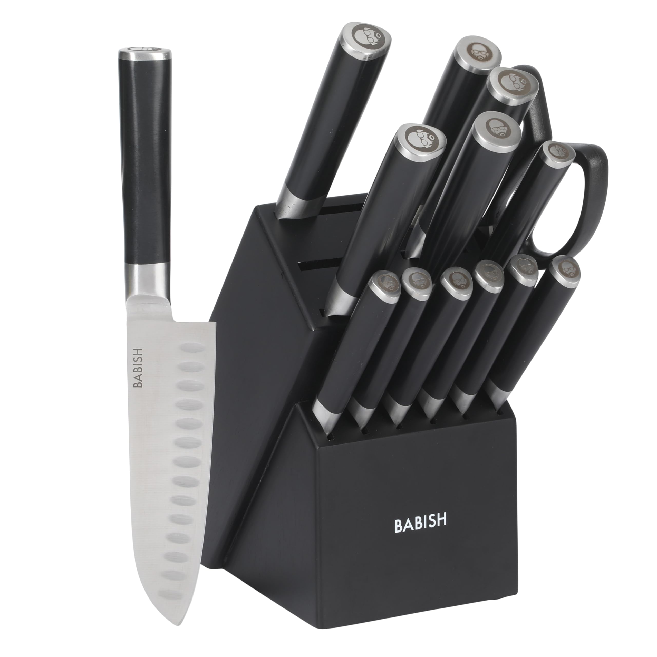 Babish front view of black block set showing all 15 pieces and organized storage benefit