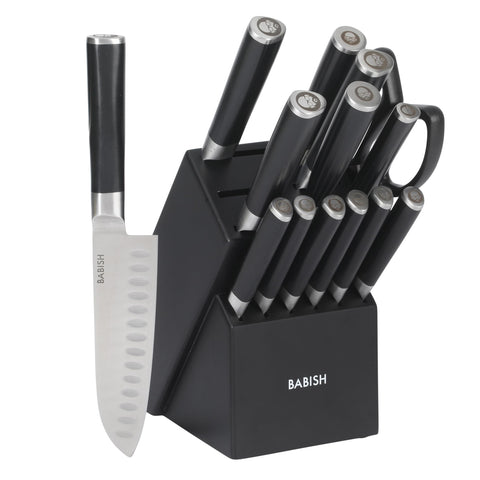 Babish front view of black block set showing all 15 pieces and organized storage benefit
