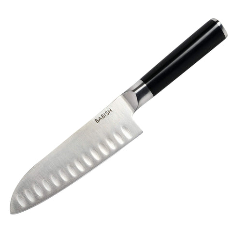 Babish santoku beside a ruler showing compact 6.5-inch size for easy handling