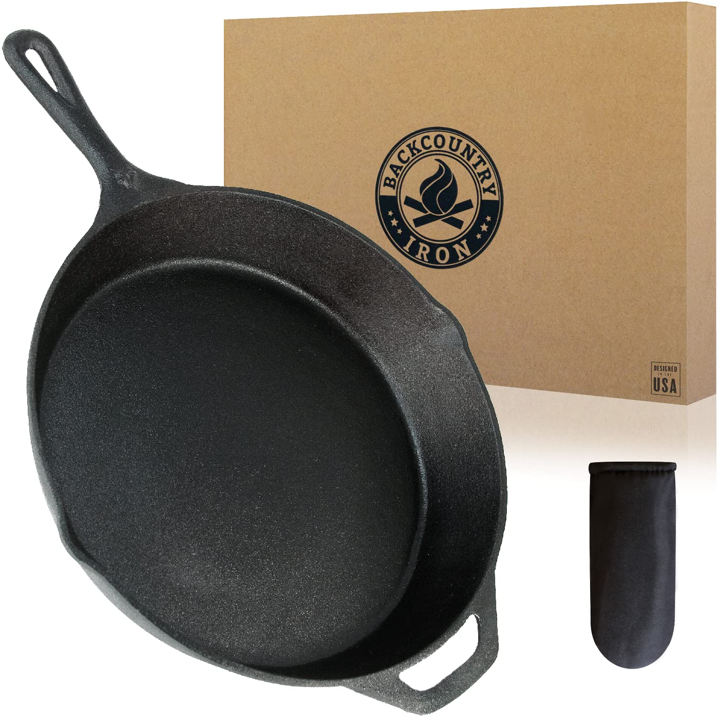 Backcountry Iron 12-inch skillet front view showing solid build and even cooking surface